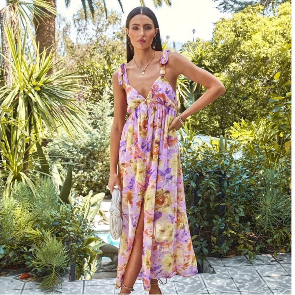 Floral Maxi Dress Lavender Purple and  Butter Yellow